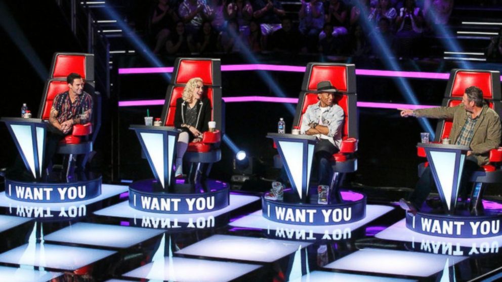 Adam Levine, Gwen Stefani, Pharrell Williams, Blake Shelton on the season premiere of "The Voice".