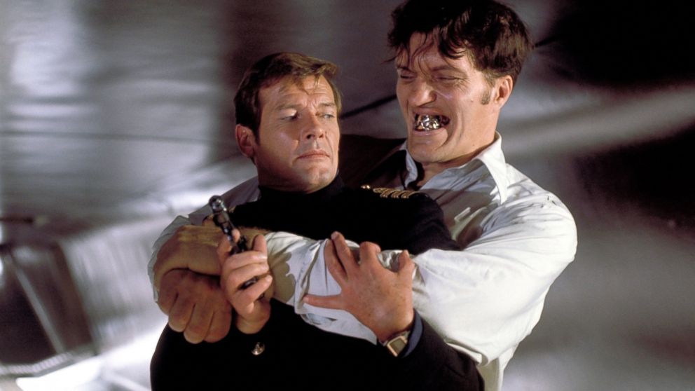 Roger Moore, as James Bond, and Richard Kiel, as Jaws, appear in 'The Spy Who Loved Me,' released in 1977.