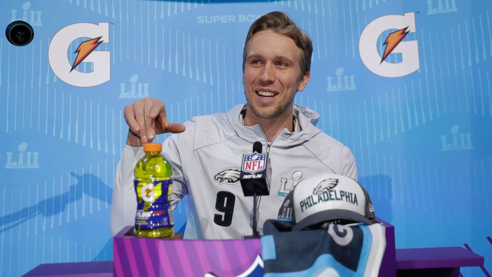 PHOTO: Philadelphia Eagles' Nick Foles answers questions during NFL football Super Bowl 52 Opening Night Monday, Jan. 29, 2018, at the Xcel Center in St. Paul, Minn.