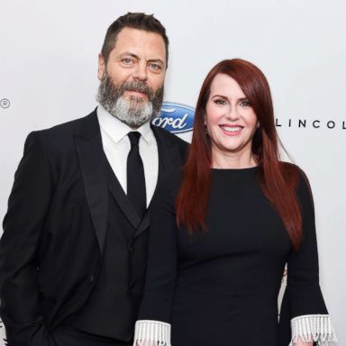 PHOTO: Nick Offerman and Megan Mullally arrive at the 43rd Annual Gracie Awards at the Beverly Wilshire Four Seasons Hotel, May 22, 2018, in Beverly Hills, Calif.