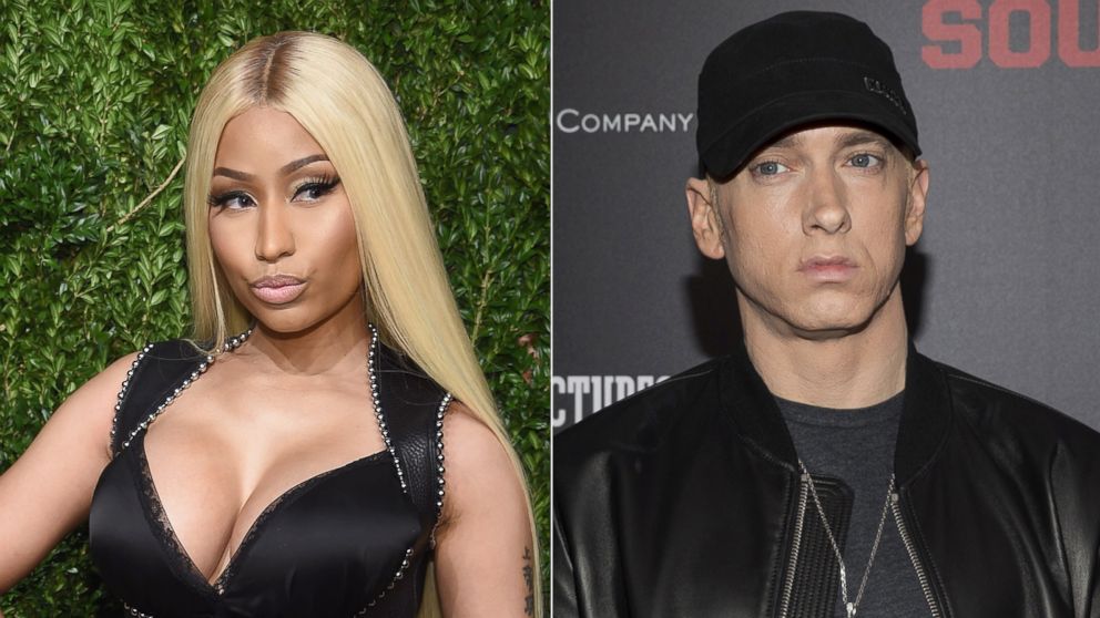 Pictured (L-R) are Nicki Minaj, Nov. 6, 2017 and Eminem, July 20, 2015, in New York City.