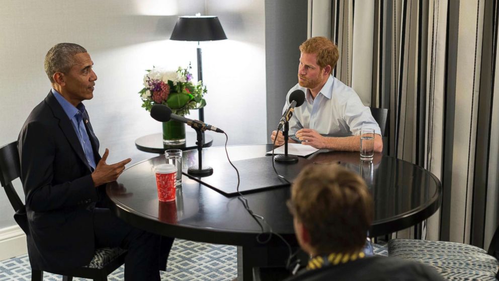 PHOTO: In this undated photo issued on Sunday Dec. 17, 2017 by Kensington Palace courtesy of the Obama Foundation, Britain's Prince Harry, right, interviews former U.S. President Barack Obama to be broadcast, Dec. 27, 2017.