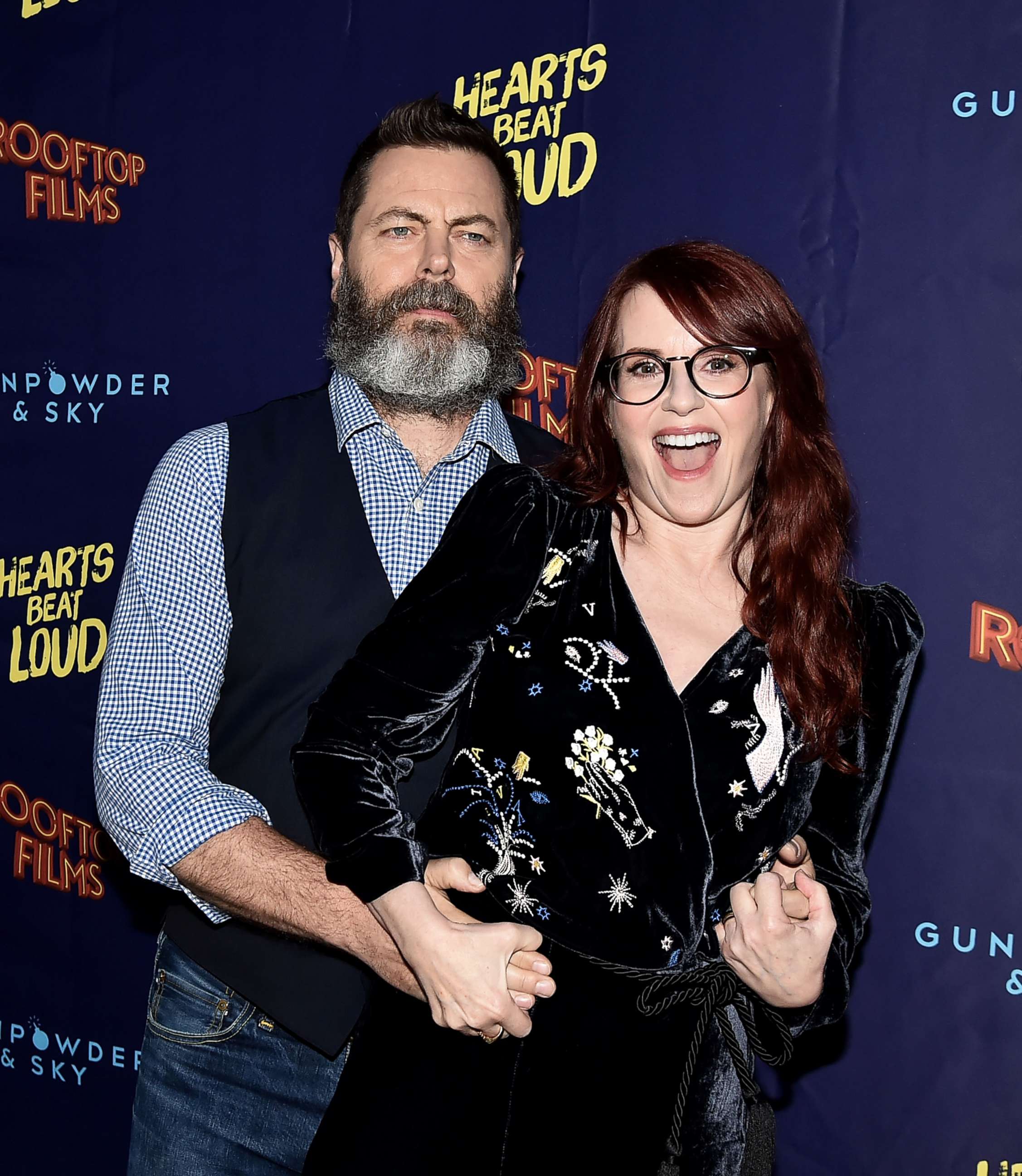 PHOTO: Nick Offerman and Megan Mullally attend the "Hearts Beat Loud" New York Premiere on June 6, 2018, in New York City.