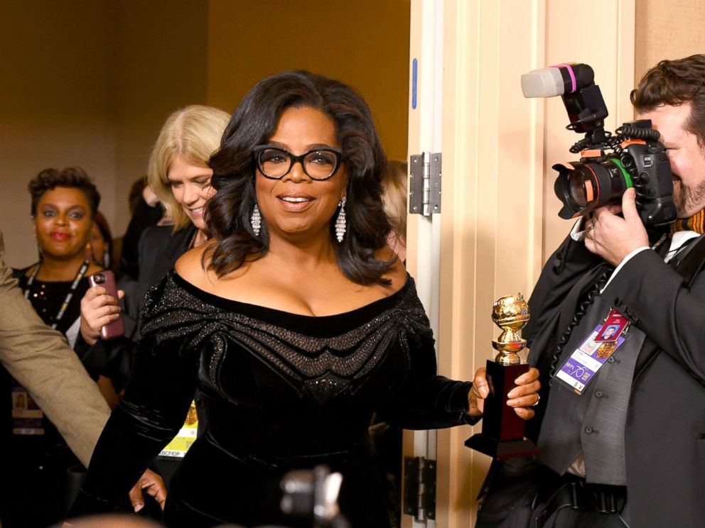 PHOTO: Oprah Winfrey arrives with the Cecil B. DeMille Award in the press room during The 75th Annual Golden Globe Awards at The Beverly Hilton Hotel, Jan. 7, 2018, in Beverly Hills, Calif.