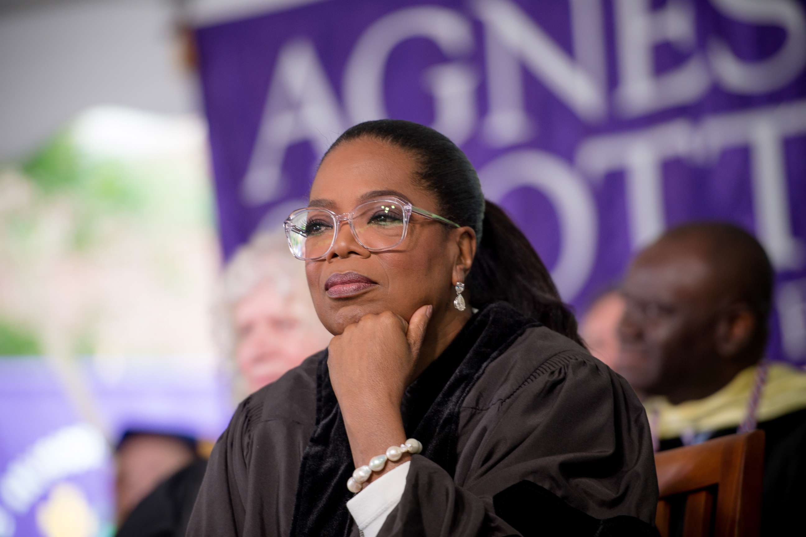 PHOTO: Oprah Winfrey on stage during the Agnes Scott College 2017 Commencement at Agnes Scott College, on May 13, 2017, in Decatur, Ga.  