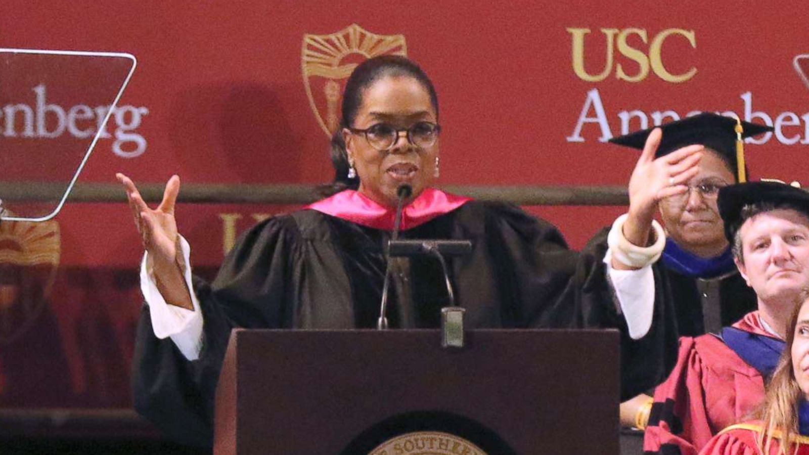 PHOTO: Oprah Winfrey, center, addresses USC Annenberg Class of 2018 at the Shrine Auditorium, May 11, 2018, in Los Angeles.