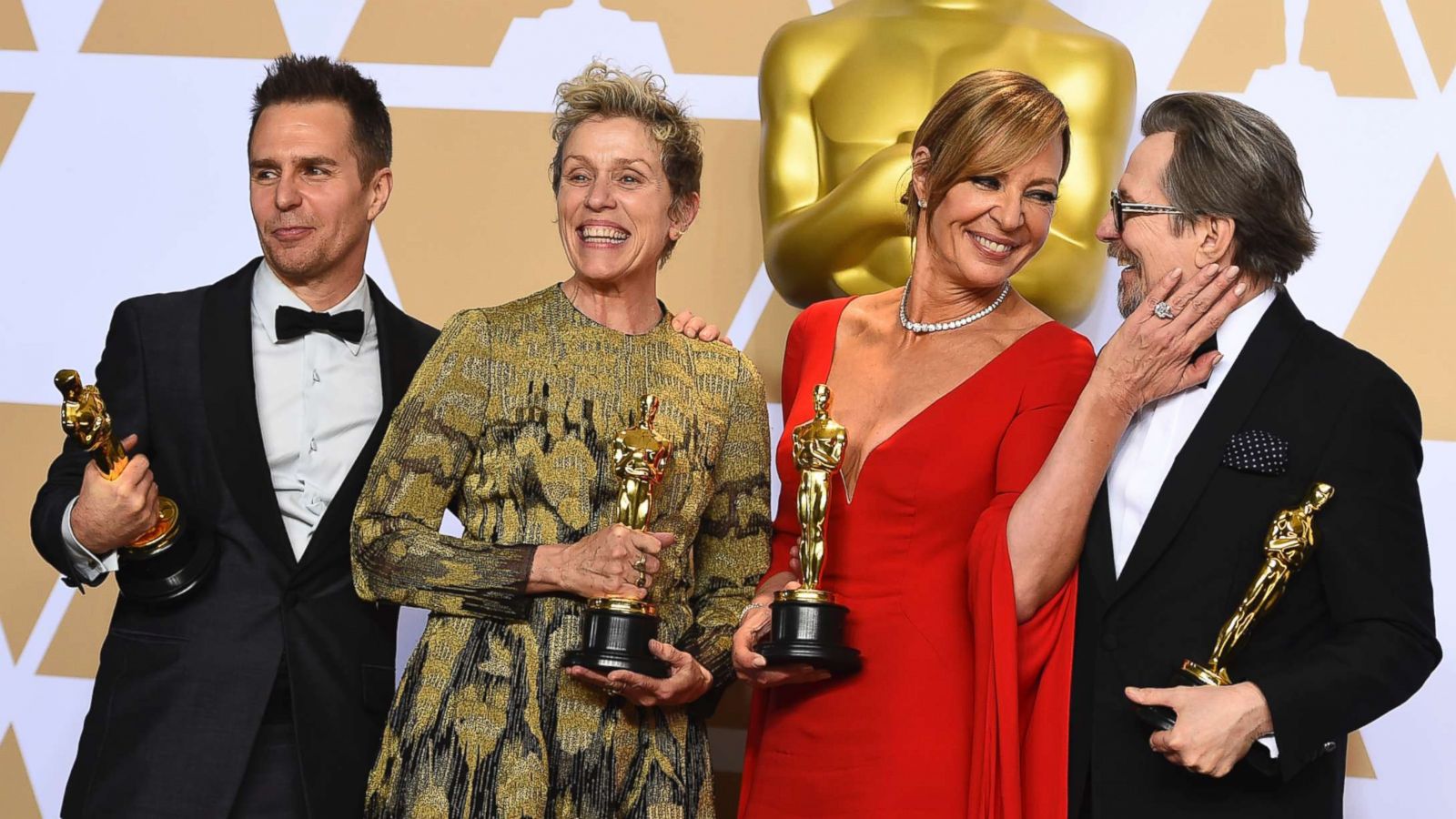 PHOTO:Sam Rockwell, best actor in a supporting role, Frances McDormand, best actress, Allison Janney, best actress in a supporting role, and Gary Oldman, winner of best actor in a leading role, March 4, 2018, in Los Angeles.