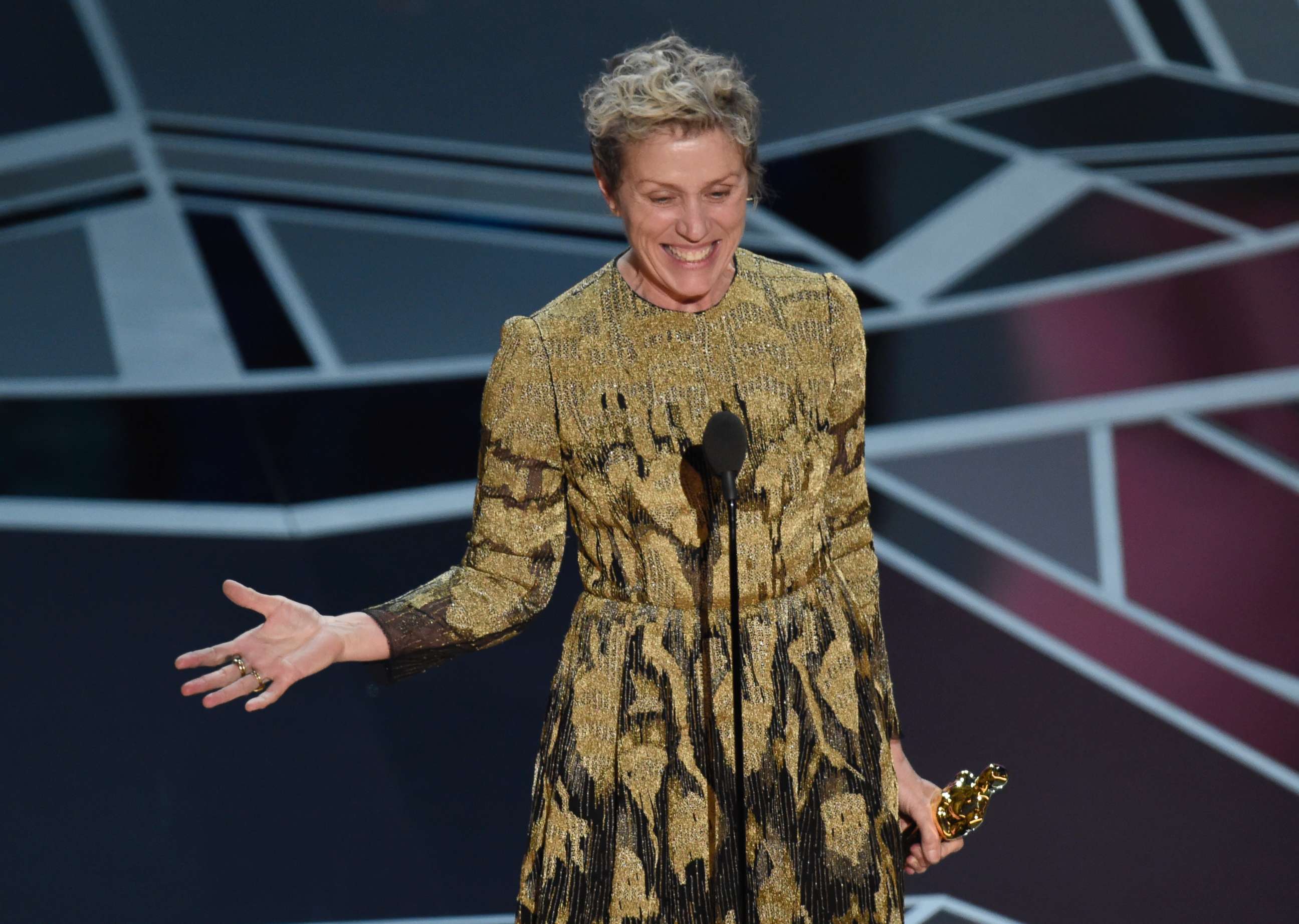 PHOTO: Frances McDormand accepts the award for best performance by an actress in a leading role for "Three Billboards Outside Ebbing, Missouri" at the Oscars at the Dolby Theatre in Los Angeles, March 4, 2018.