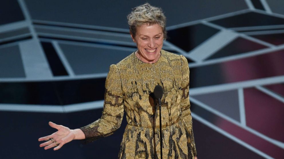 PHOTO: Frances McDormand accepts the award for best performance by an actress in a leading role for "Three Billboards Outside Ebbing, Missouri" at the Oscars at the Dolby Theatre in Los Angeles, March 4, 2018.