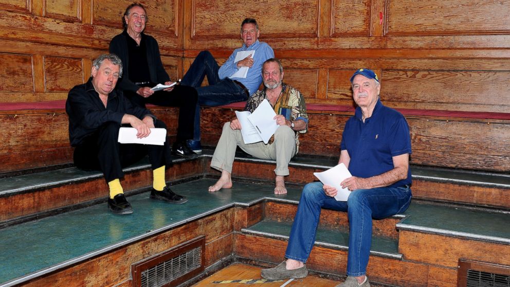 Terry Jones, Eric Idle, Michael Palin, Terry Gilliam and John Cleese are seen on June 16, 2014, the first day of rehearsals in London, for their new show Monty Python Live (mostly) which is on at the O2 Arena in London in July.