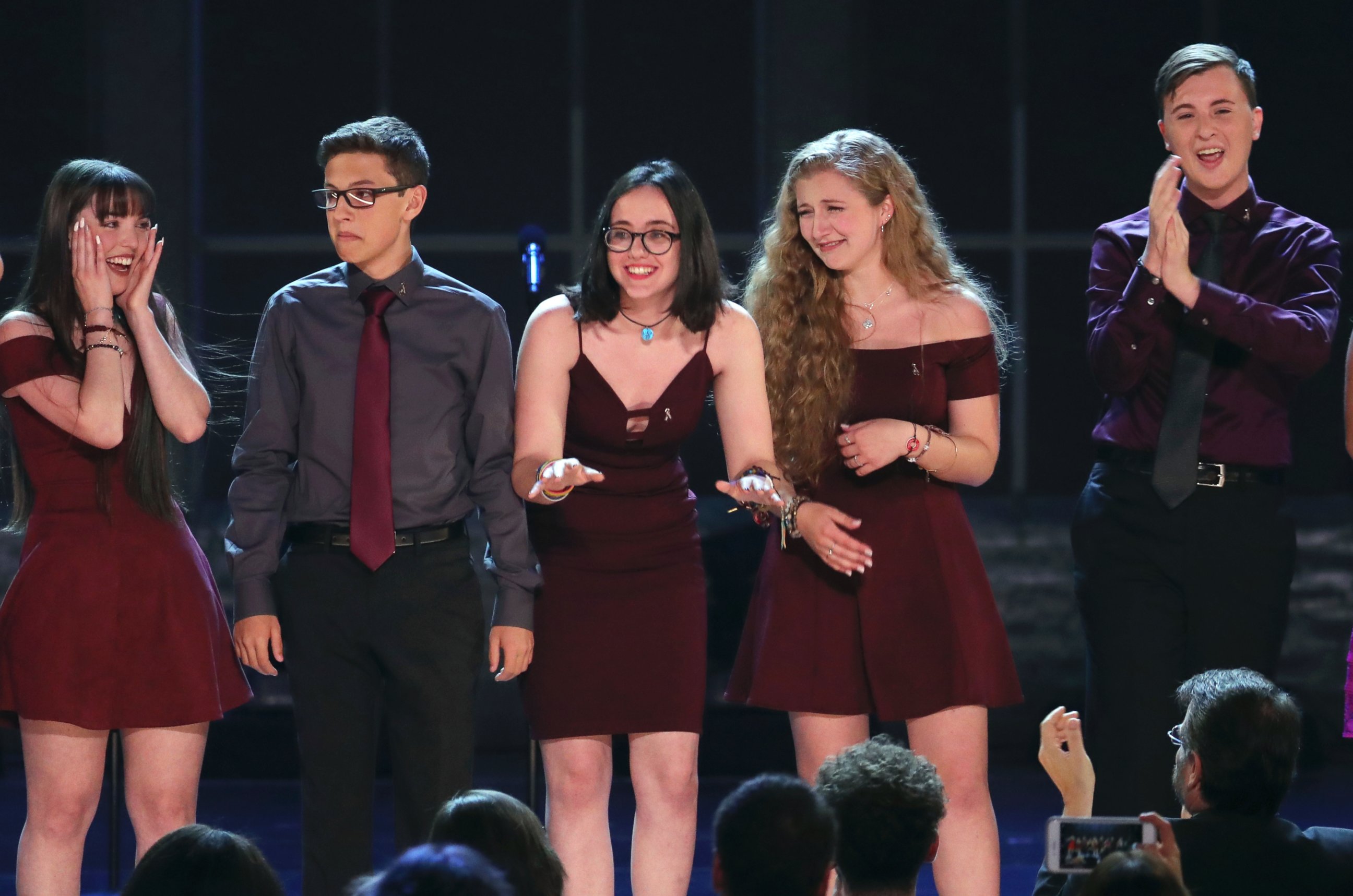 Students from the Marjory Stoneman Douglas High School drama department react after performing "Seasons of Love" at the 72nd annual Tony Awards at Radio City Music Hall on Sunday, June 10, 2018, in New York.