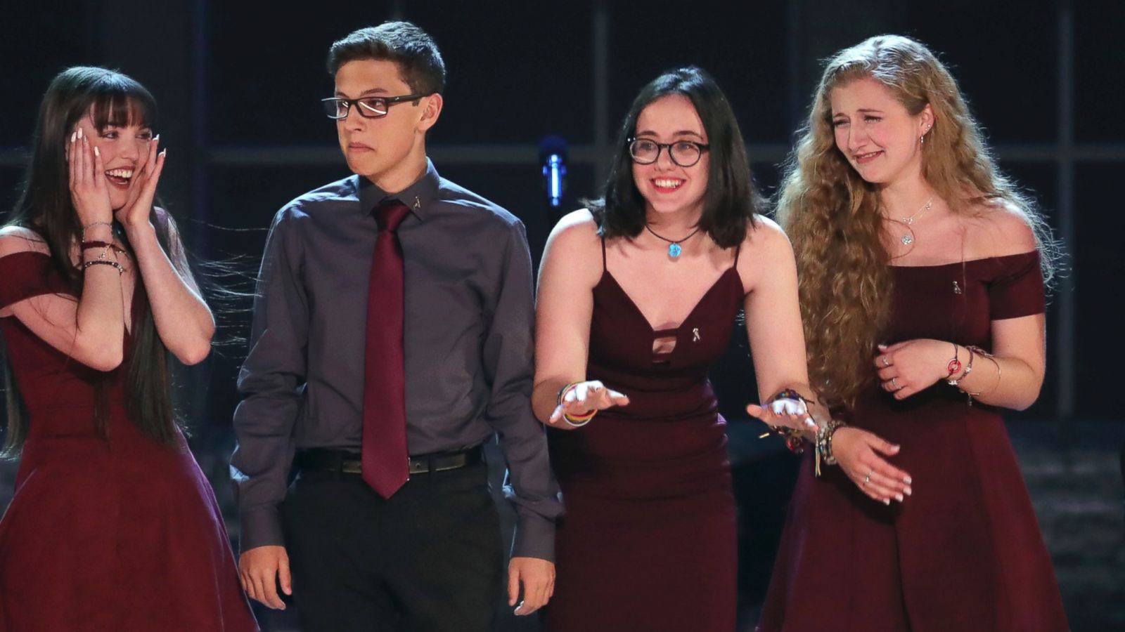 Students from the Marjory Stoneman Douglas High School drama department react after performing "Seasons of Love" at the 72nd annual Tony Awards at Radio City Music Hall on Sunday, June 10, 2018, in New York.