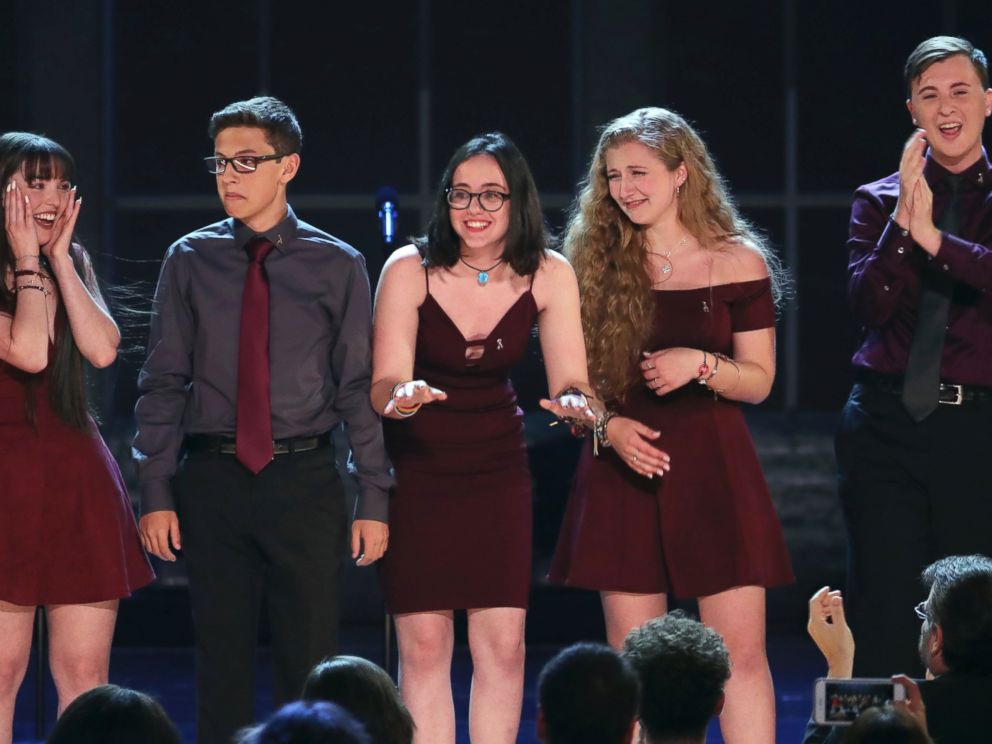 Students from the Marjory Stoneman Douglas High School drama department react after performing Seasons of Love at the 72nd annual Tony Awards at Radio City Music Hall on Sunday, June 10, 2018, in New York.