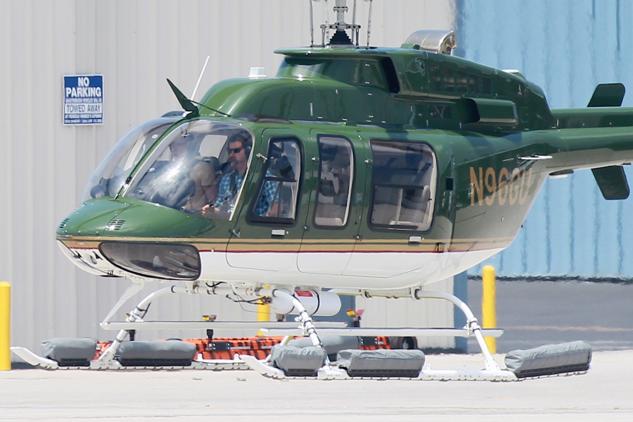 PHOTO: Harrison Ford flies out of the Santa Monica airport on a helicopter in Los Angeles on May 28, 2015.