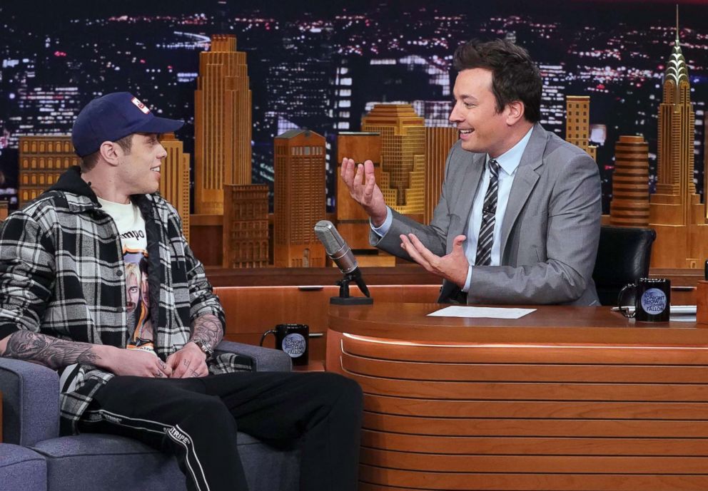 PHOTO: Comedian Pete Davidson, a cast member on "Saturday Night Live," talks with host Jimmy Fallon during a taping of "The Tonight Show Starring Jimmy Fallon," June 20, 2018, in New York where he confirmed that he is engaged to singer Ariana Grande.