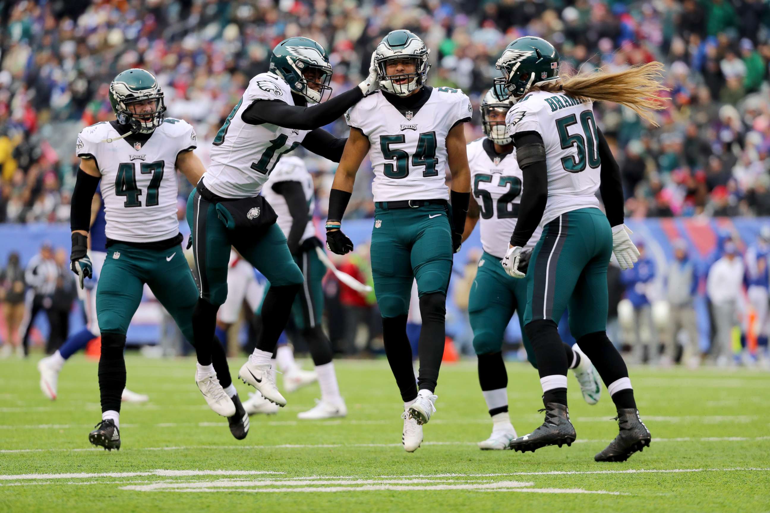 PHOTO: Kamu Grugier-Hill #54 of the Philadelphia Eagles celebrates with his teammates after blocking a punt kicked by Brad Wing #9 of the New York Giants during the second quarter in the game at MetLife Stadium, Dec. 17, 2017, in East Rutherford, N.J. 