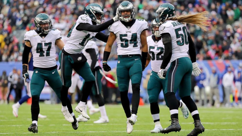 PHOTO: Kamu Grugier-Hill #54 of the Philadelphia Eagles celebrates with his teammates after blocking a punt kicked by Brad Wing #9 of the New York Giants during the second quarter in the game at MetLife Stadium, Dec. 17, 2017, in East Rutherford, N.J. 