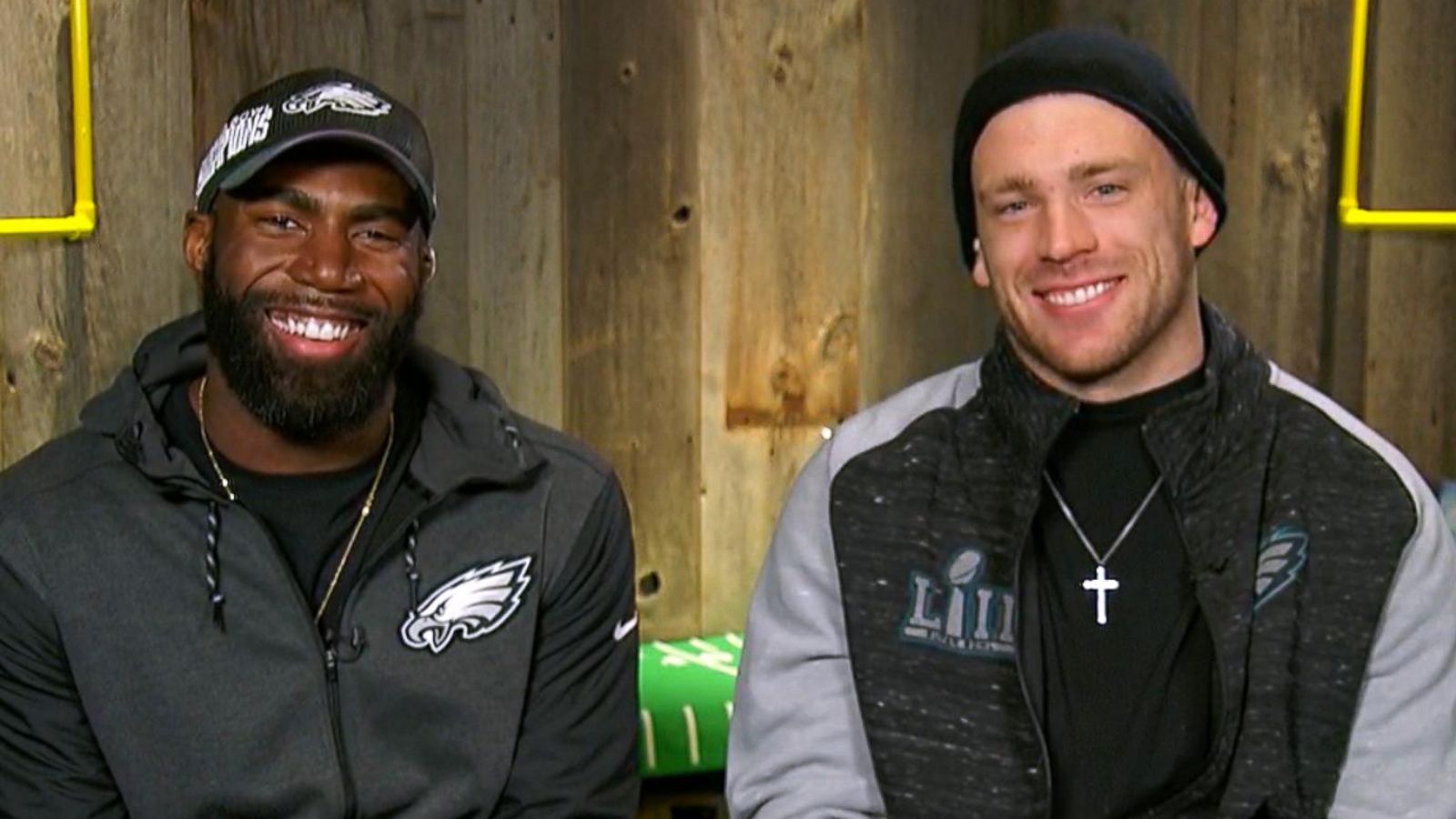 PHOTO: Philadelphia Eagles tight end Zach Ertz and safety Malcolm Jenkins talk to "GMA" about their Super Bowl win over the Patriots.