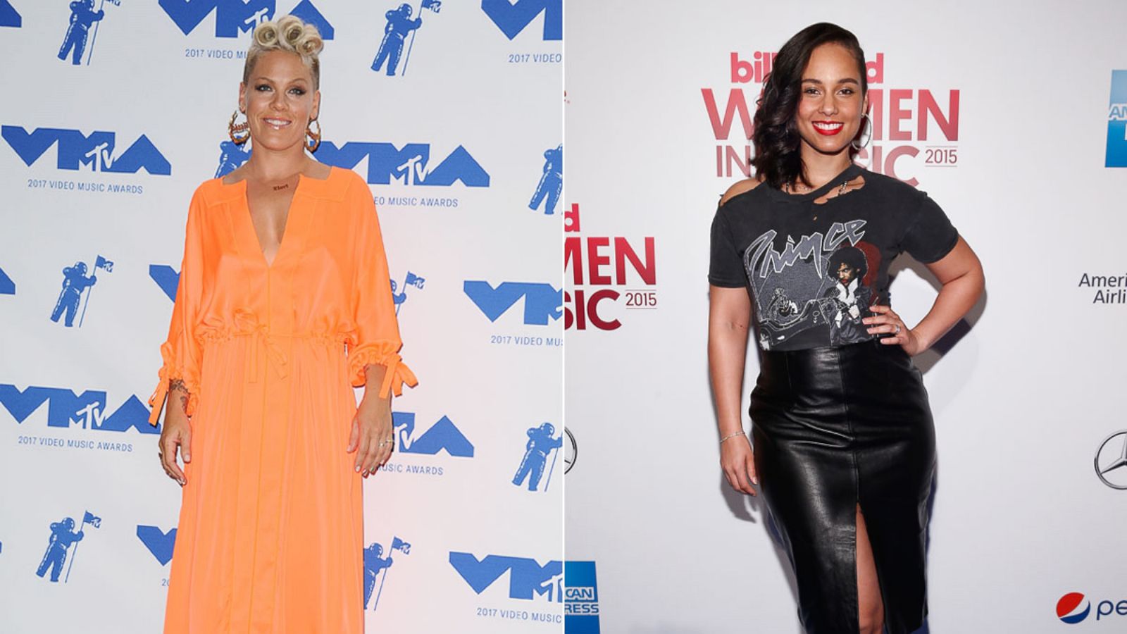 PHOTO: Singer Pink poses in the press room at the 2017 MTV Video Music Awards at The Forum, Aug. 27, 2017, in Inglewood, Calif. | Singer-songwriter Alicia Keys attends the Billboard Women in Music Luncheon, Dec. 11, 2015, in New York City.