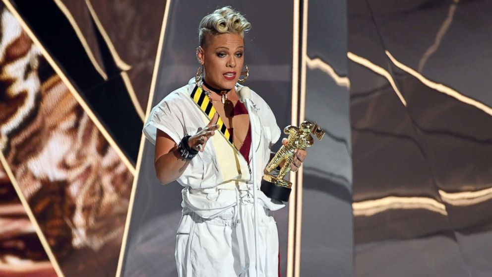 Pink accepts the Michael Jackson Video Vanguard award onstage during the 2017 MTV Video Music Awards at The Forum, Aug. 27, 2017, in Inglewood, Calif.