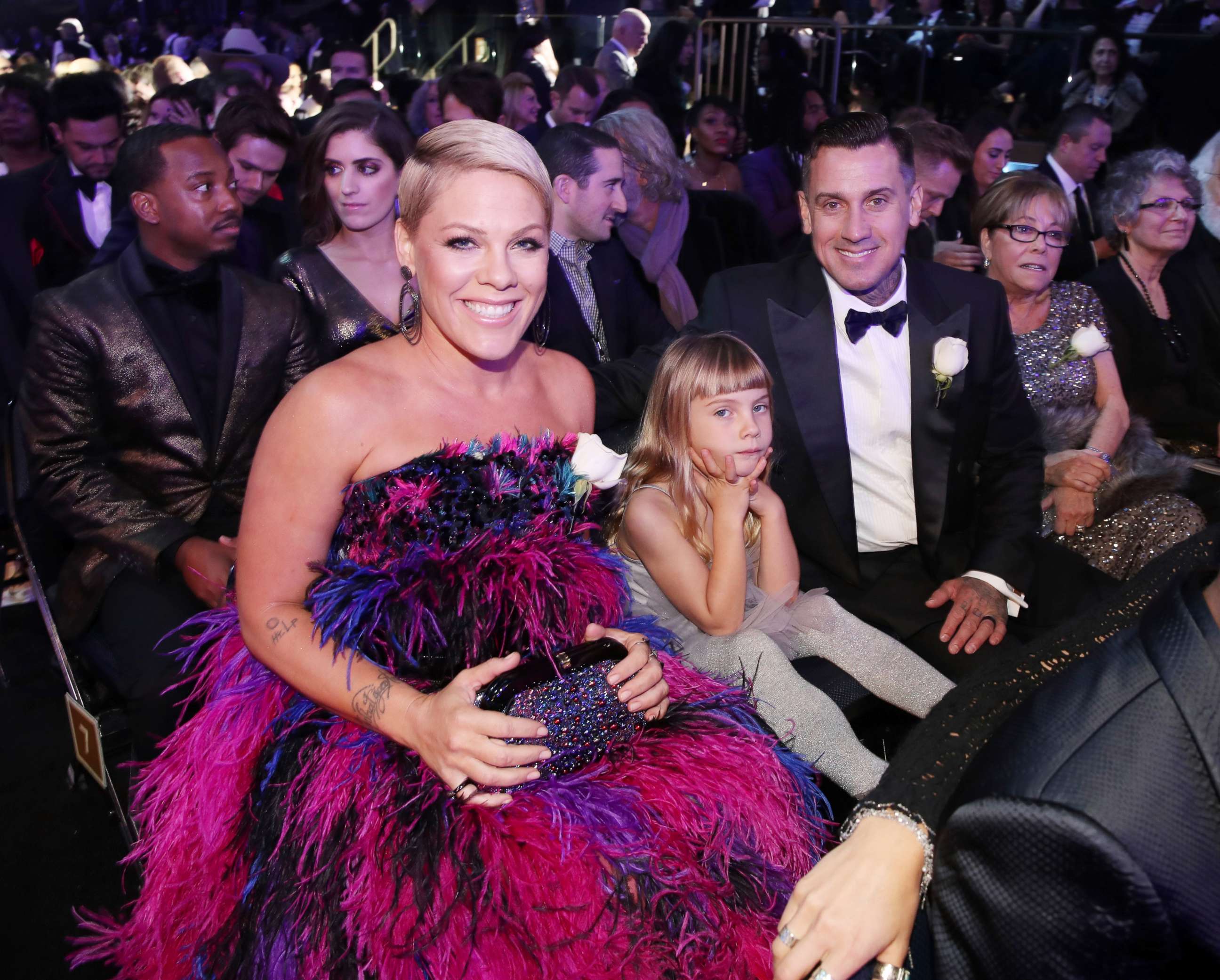 PHOTO: Recording artist Pink, Willow Sage Hart, Carey Hart and Judith Moore attend the 60th Annual GRAMMY Awards at Madison Square Garden, Jan. 28, 2018, in New York.