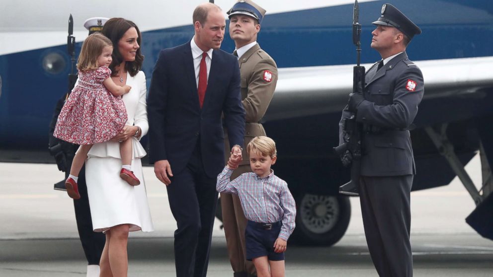 Prince William and his wife Catherine, The Duchess of Cambridge, with their children Prince George and Princess Charlotte arrive in Warsaw, Poland, July 17, 2017.