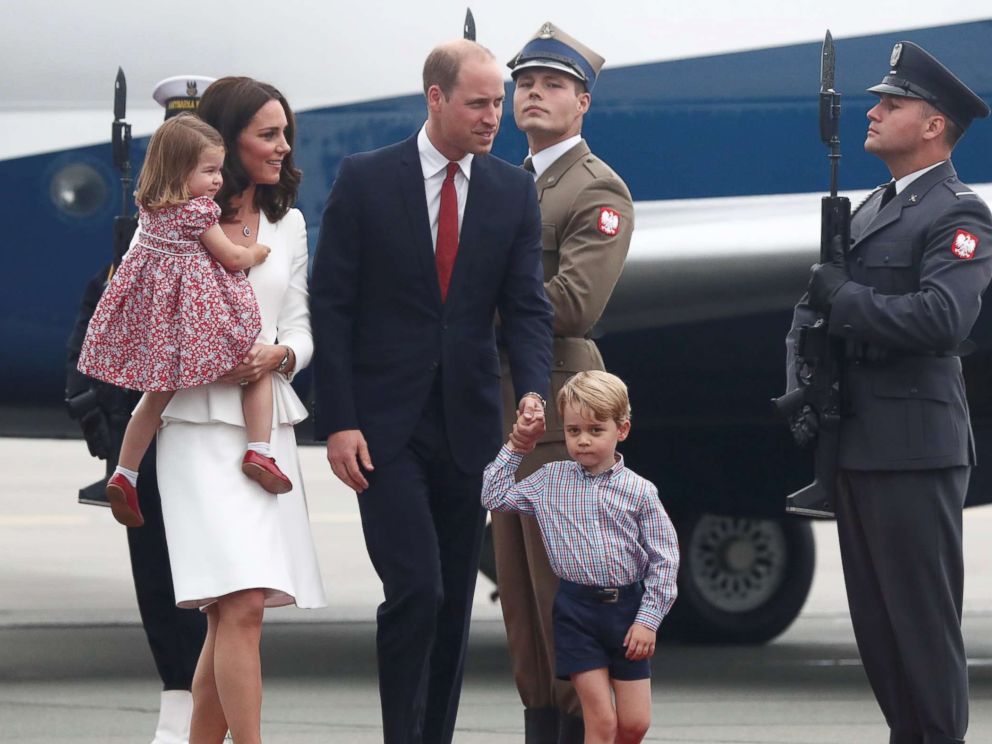 PHOTO: Prince William and his wife Catherine, The Duchess of Cambridge, with their children Prince George and Princess Charlotte arrive in Warsaw, Poland, July 17, 2017. 