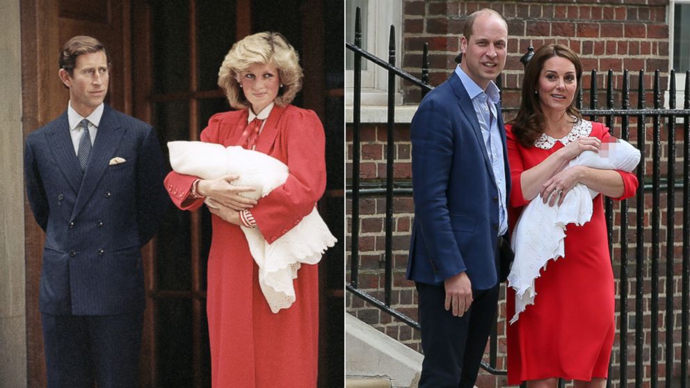 PHOTO: Prince Charles and Princess Diana, leave St. Mary's Hospital with their new baby son, Prince Harry, Sept. 16, 1984, in London | Duke and Duchess of Cambridge leave St Mary's Hospital after the birth of their 3rd child, April 23, 2018, in London.