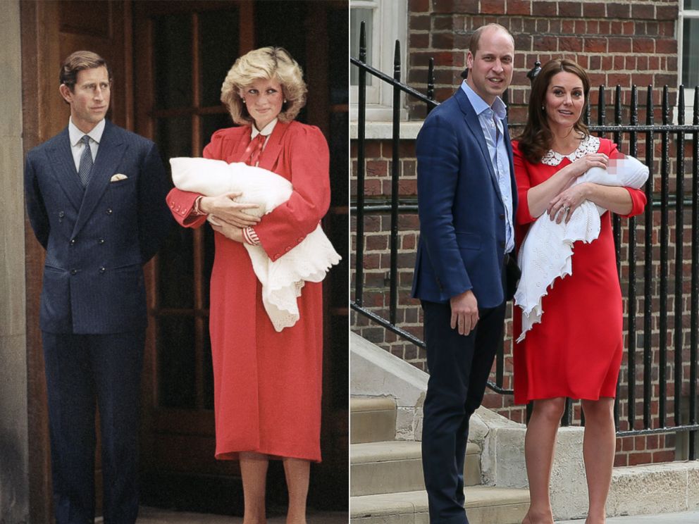 PHOTO: Prince Charles and Princess Diana, leave St. Mary's Hospital with their new baby son, Prince Harry, Sept. 16, 1984, in London | Duke and Duchess of Cambridge leave St Mary's Hospital after the birth of their 3rd child, April 23, 2018, in London.