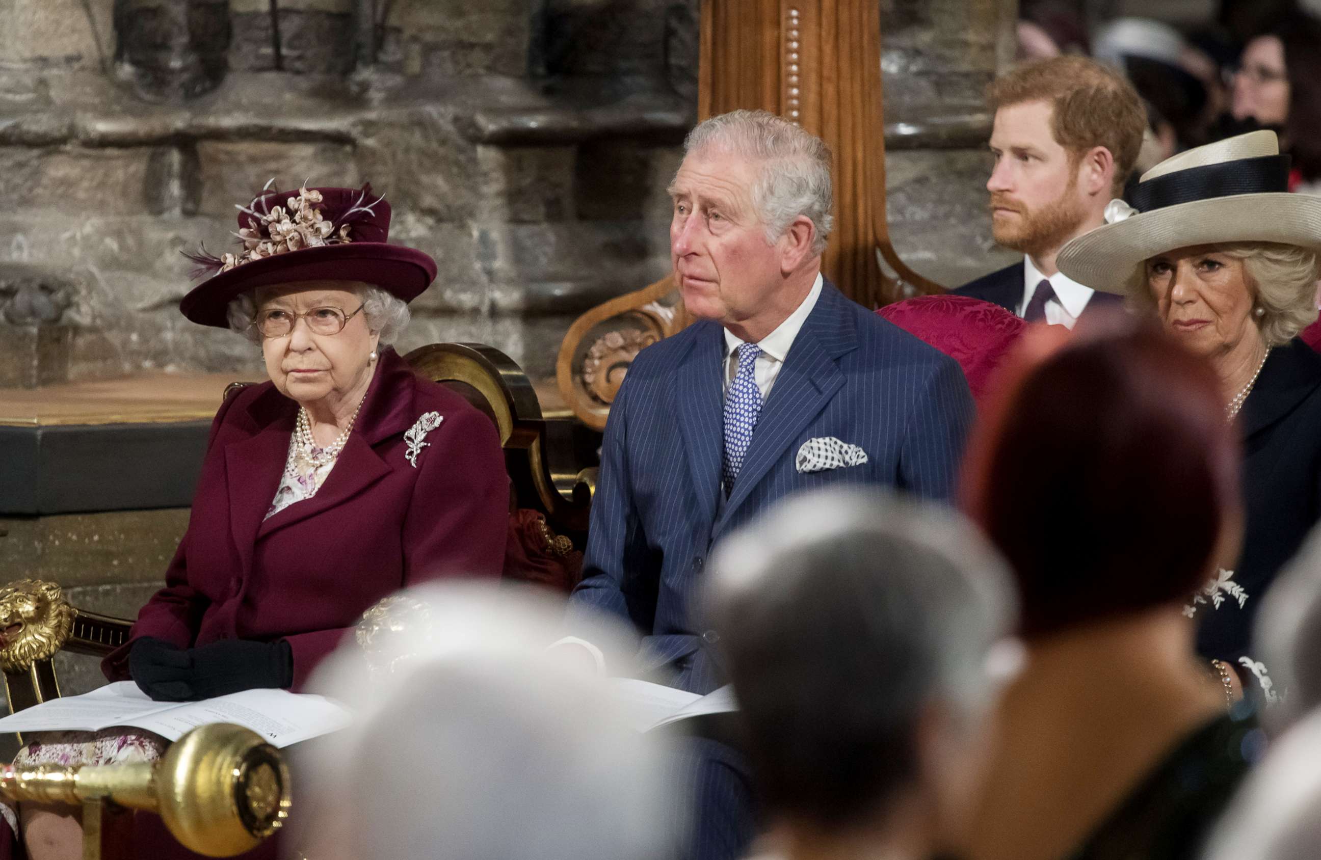 PHOTO: Queen Elizabeth II, Prince Charles, Prince of Wales, Prince Harry and Camilla, Duchess of Cornwall attend the Commonwealth Service at Westminster Abbey, March 12, 2018, in London.