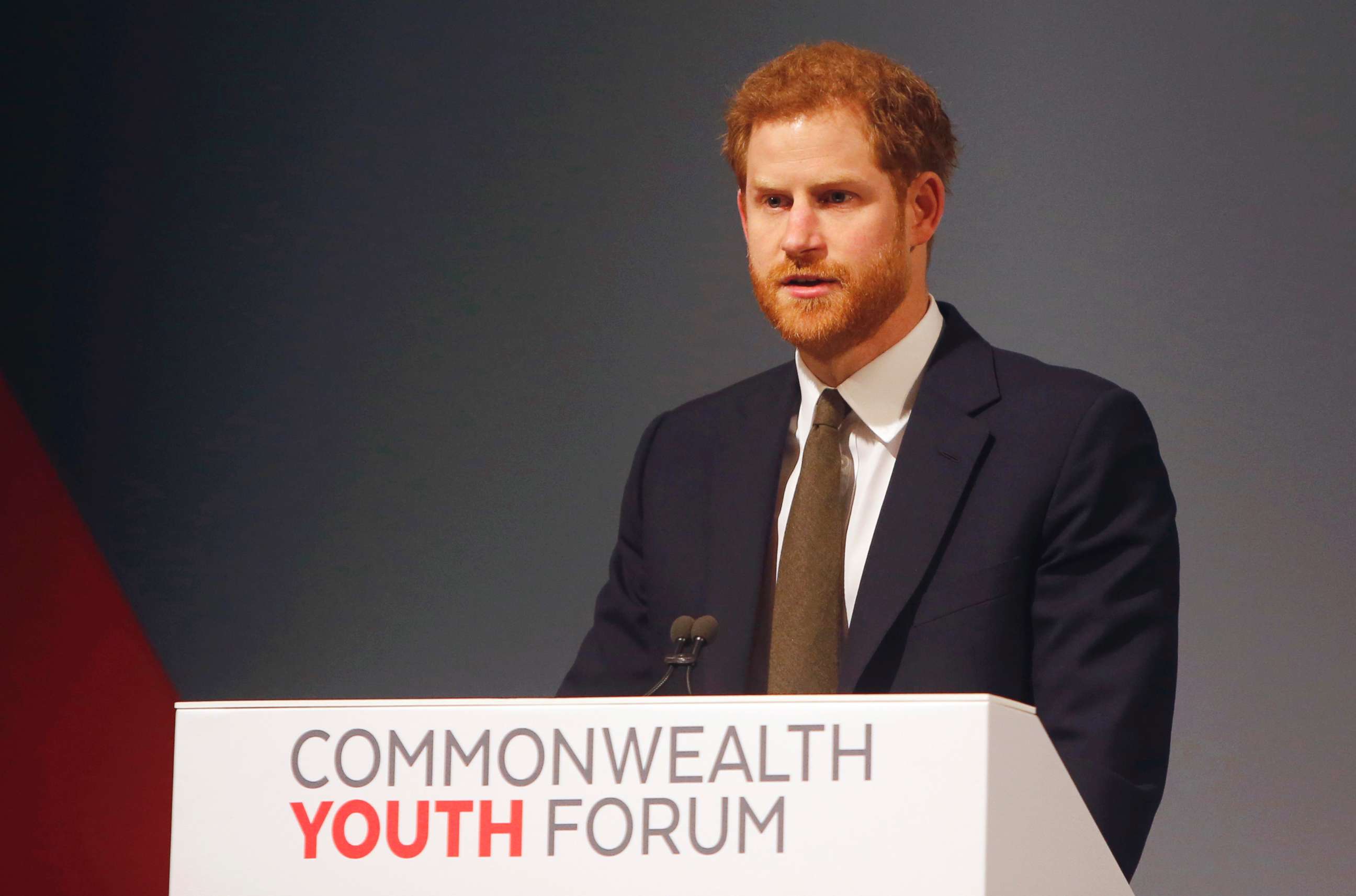 PHOTO: Britain's Prince Harry speaks at the Commonwealth Heads of Government Meeting Youth Forum in London, April 16, 2018.
