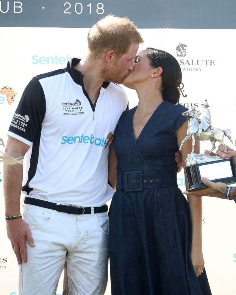 PHOTO: Meghan, Duchess of Sussex, and Prince Harry, Duke of Sussex, kiss after the Sentebale Polo 2018 held at the Royal County of Berkshire Polo Club, July 26, 2018, in Windsor, England.
