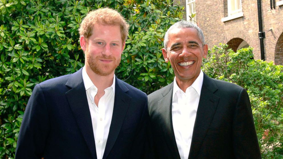 PHOTO: In this handout photo issued by Kensington Palace, Prince Harry poses with former President Barack Obama following a meeting at Kensington Palace, May 27, 2017, in London. 