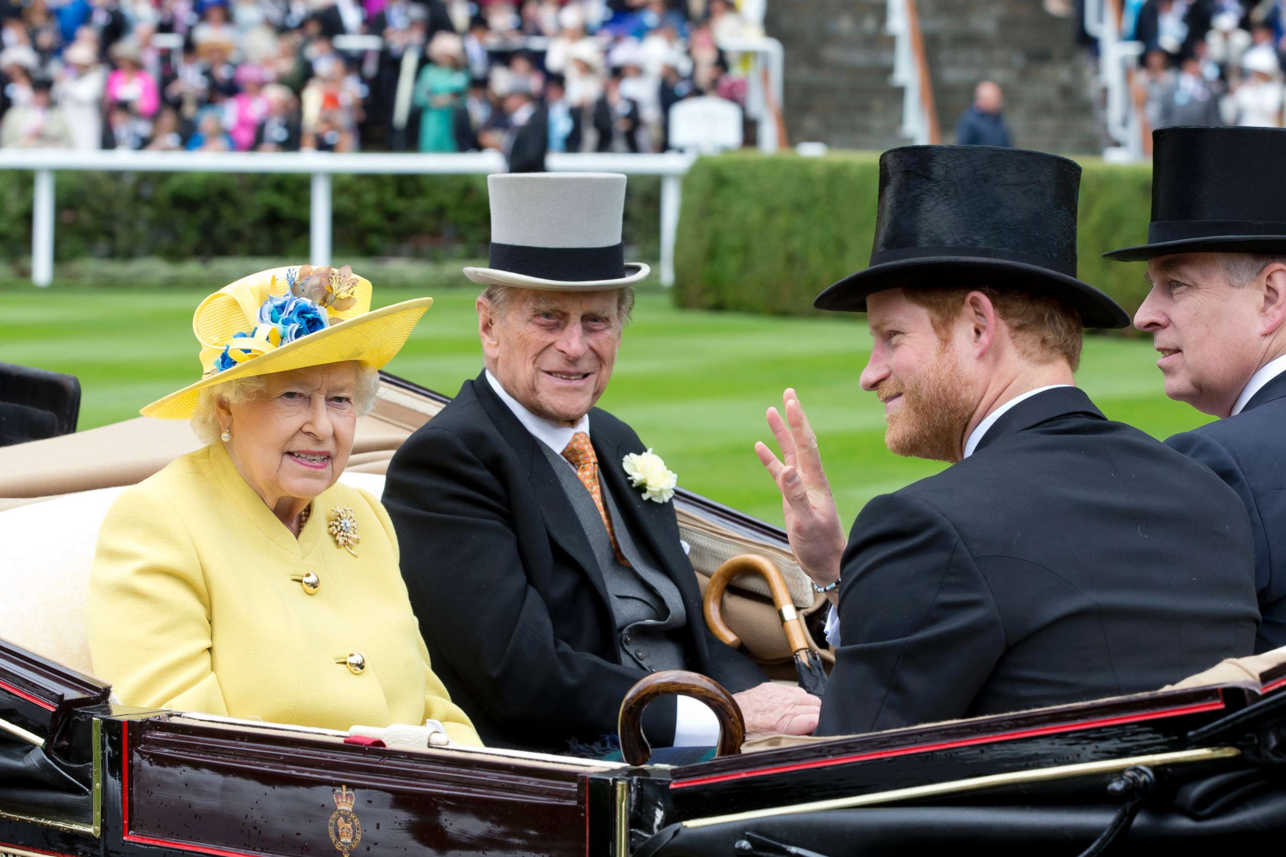 PHOTO: Queen Elizabeth II, and Prince Philip, the Duke of Edinburgh, with Prince Harry, and Prince Andrew,Duke of York, attend the first day of The Royal Ascot race meeting, June 14, 2016, in Ascot, England.