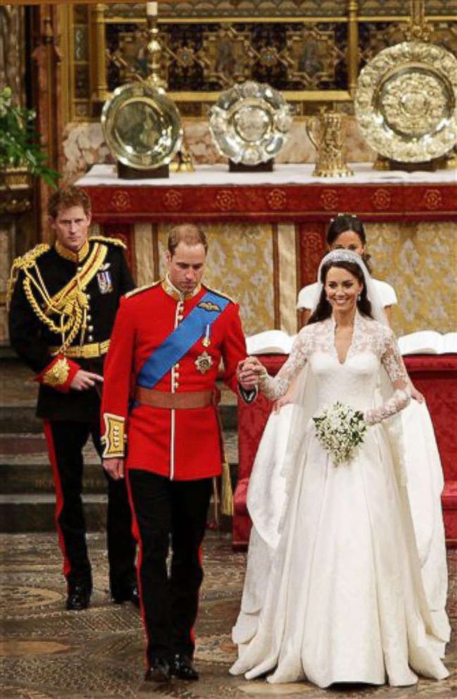 PHOTO: Prince William and his bride Kate leave Westminster Abbey after their wedding followed by best man, Prince Harry, and maid of honor, Pippa Middleton, April 29, 2011, in London.