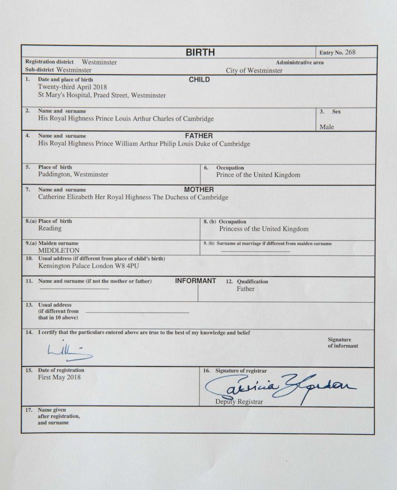 PHOTO: The official birth register entry of Prince Louis Arthur Charles of Cambridge, infant son to Prince William and Kate the Duchess of Cambridge, as the document is made available to the media in London, May 1, 2018. 