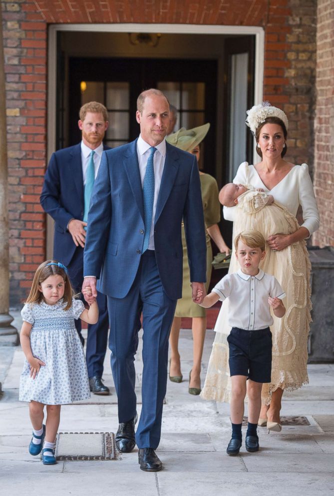 PHOTO: Princess Charlotte and Prince George hold the hands of their father Prince William while Kate, Duchess of Cambridge holds Prince Louis as they arrive for his christening service at the Chapel Royal, St James's Palace, London, July 9, 2018.