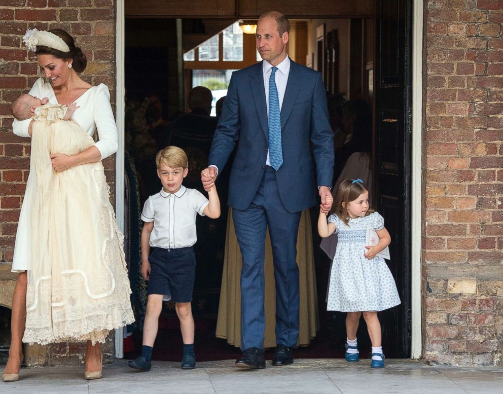 PHOTO: Duchess of Cambridge, Kate and Britain's Prince William with their children Prince George, Princess Charlotte and Prince Louis as they arrive for Prince Louis' christening service at the Chapel Royal, St James's Palace, London, July 9, 2018.