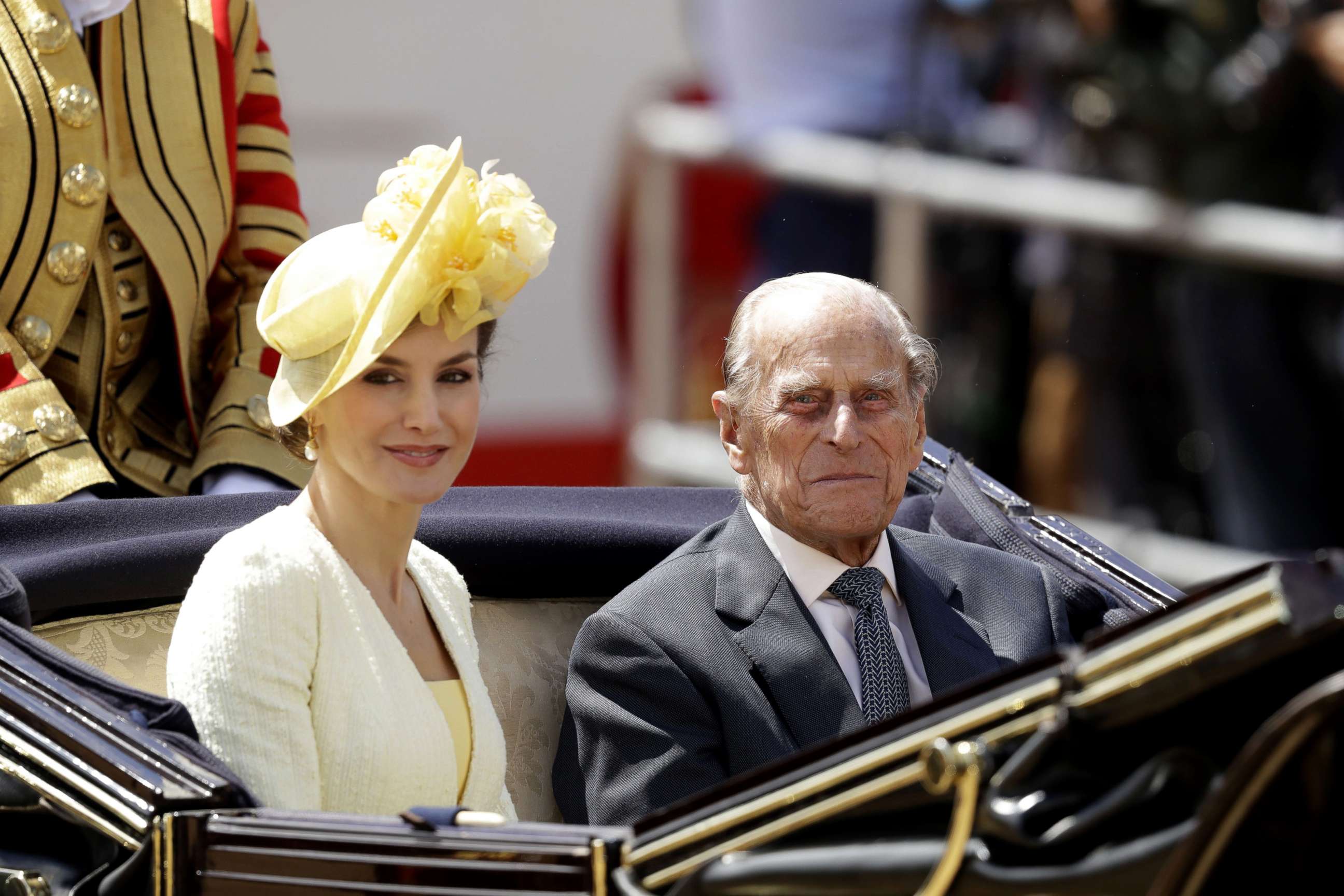 PHOTO: Spanish Queen Letizia and Britain's Prince Philip, Duke of Edinburgh sit together in a carriage as they are taken to Buckingham Palace, July 12, 2017, in London.