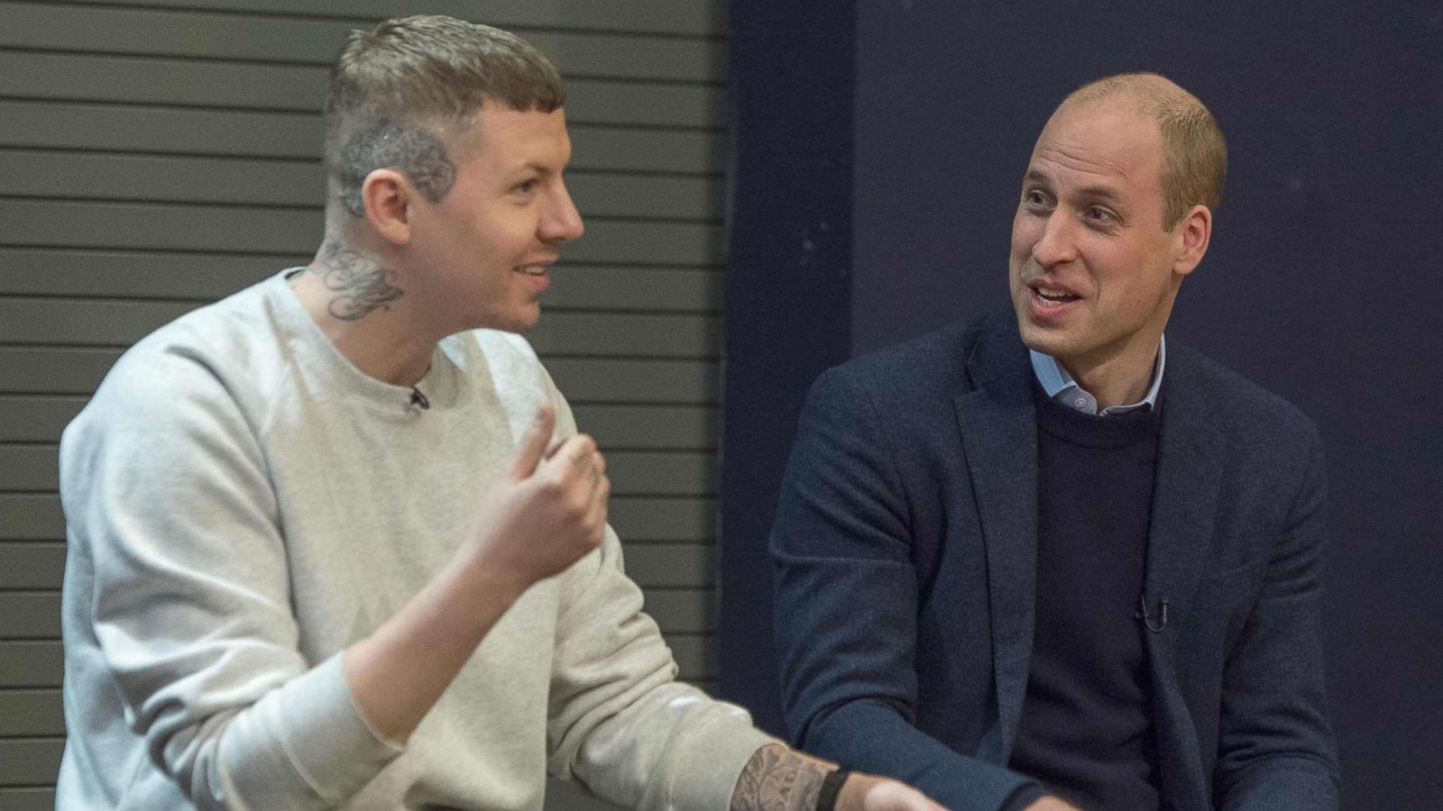 PHOTO: Britain's Prince William, right, accompanied by rapper Stephen Manderson, address students taking part in an assembly on cyber-bullying and its effect on young people's mental health, during their visit to Burlington Academy, London, Feb. 8, 2018.