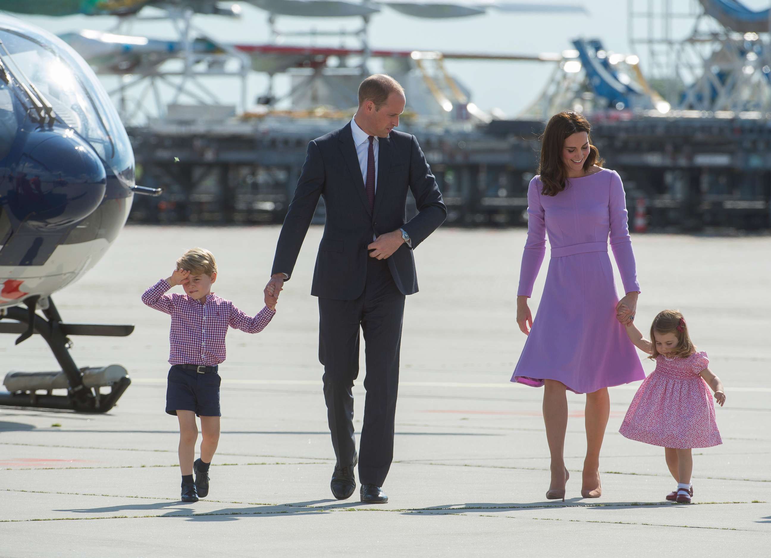 PHOTO: Prince William, Duke of Cambridge, with his son, Prince George of Cambridge, Princess Charlotte of Cambridge and Catherine, Duchess of Cambridge on the last day of their official visit to Poland and Germany on July 21, 2017 in Hamburg, Germany. 