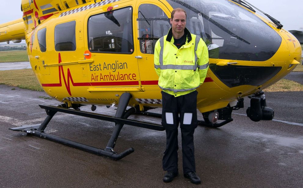 PHOTO: Prince William, The Duke of Cambridge begins his new job with the East Anglian Air Ambulance (EAAA) at Cambridge Airport, July 13, 2015 in Cambridge, England.