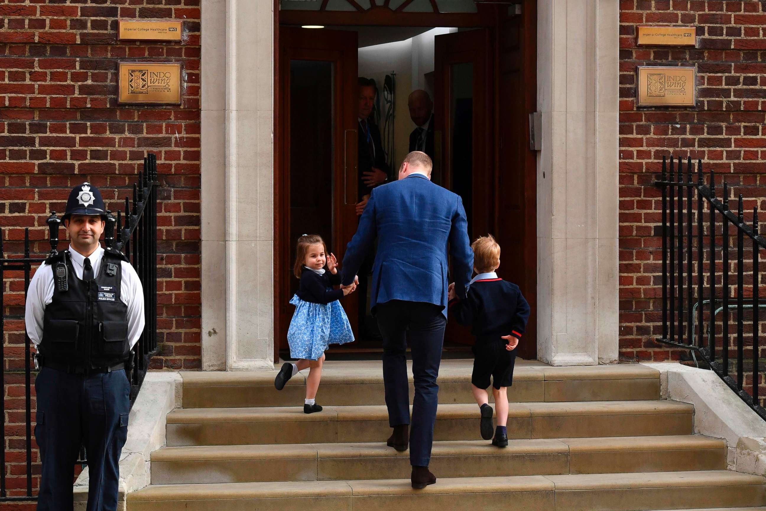 Princess Charlotte of Cambridge, Prince George of Cambridge by their father Britain's Prince William, Duke of Cambridge, at the Lindo Wing of St Mary's Hospital in London, April 23, 2018, to visit Catherine, Duchess of Cambridge, and their new-born son.