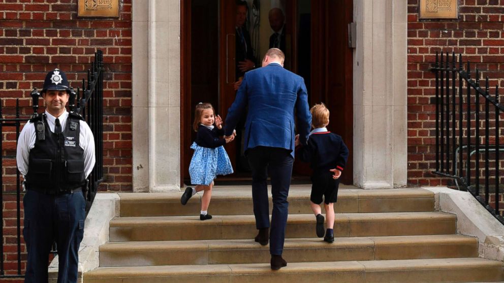 Princess Charlotte of Cambridge, Prince George of Cambridge by their father Britain's Prince William, Duke of Cambridge, at the Lindo Wing of St Mary's Hospital in London, April 23, 2018, to visit Catherine, Duchess of Cambridge, and their new-born son.