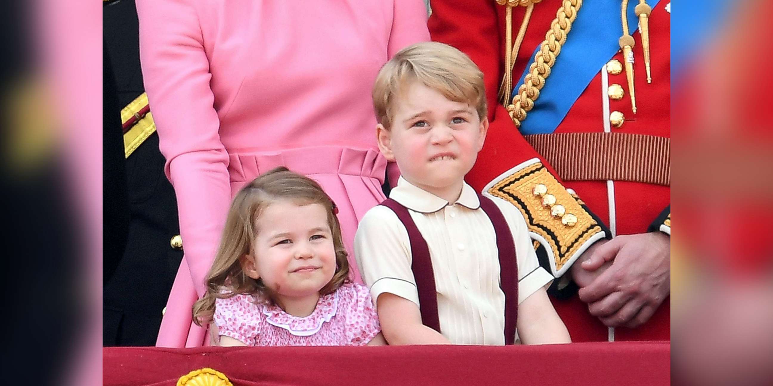 PHOTO: Princess Charlotte of Cambridge and Prince George of Cambridge look on from the balcony during the annual Trooping The Colour parade at the Mall, June 17, 2017, in London.