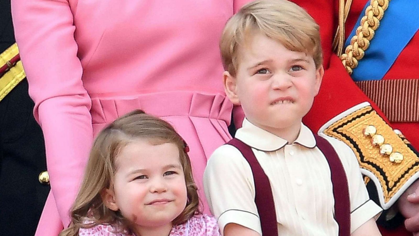 PHOTO: Princess Charlotte of Cambridge and Prince George of Cambridge look on from the balcony during the annual Trooping The Colour parade at the Mall, June 17, 2017, in London.