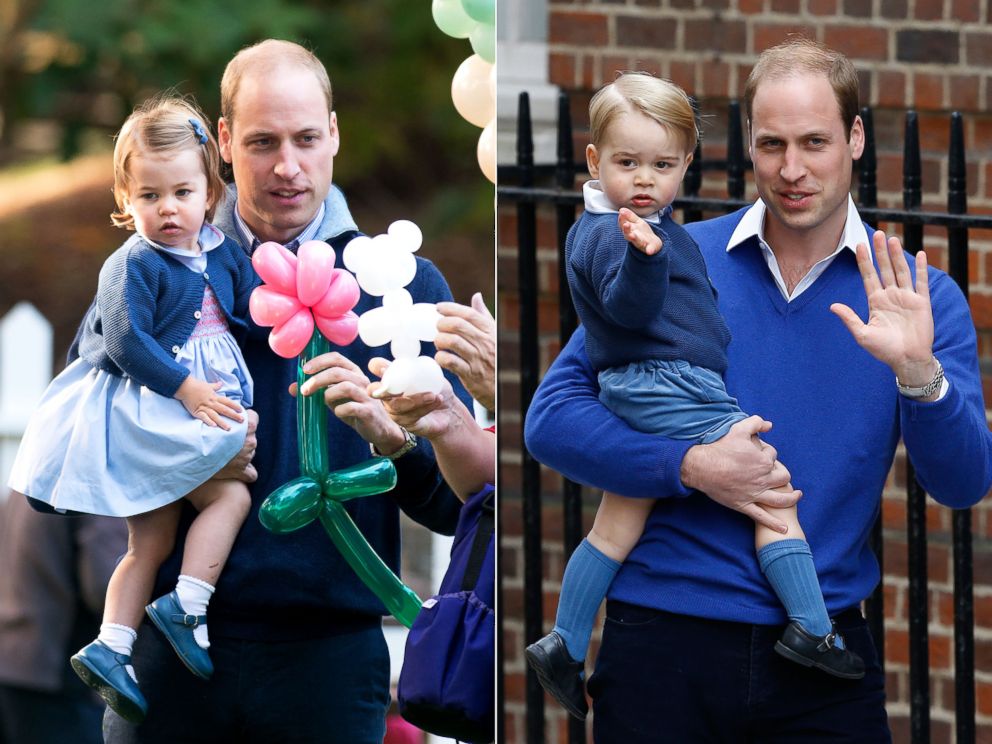 PHOTO: Prince William and his daughter Princess Charlotte in Victoria, Canada, Sept. 29, 2016. | Prince William and his son Prince George in London, May 2, 2015.