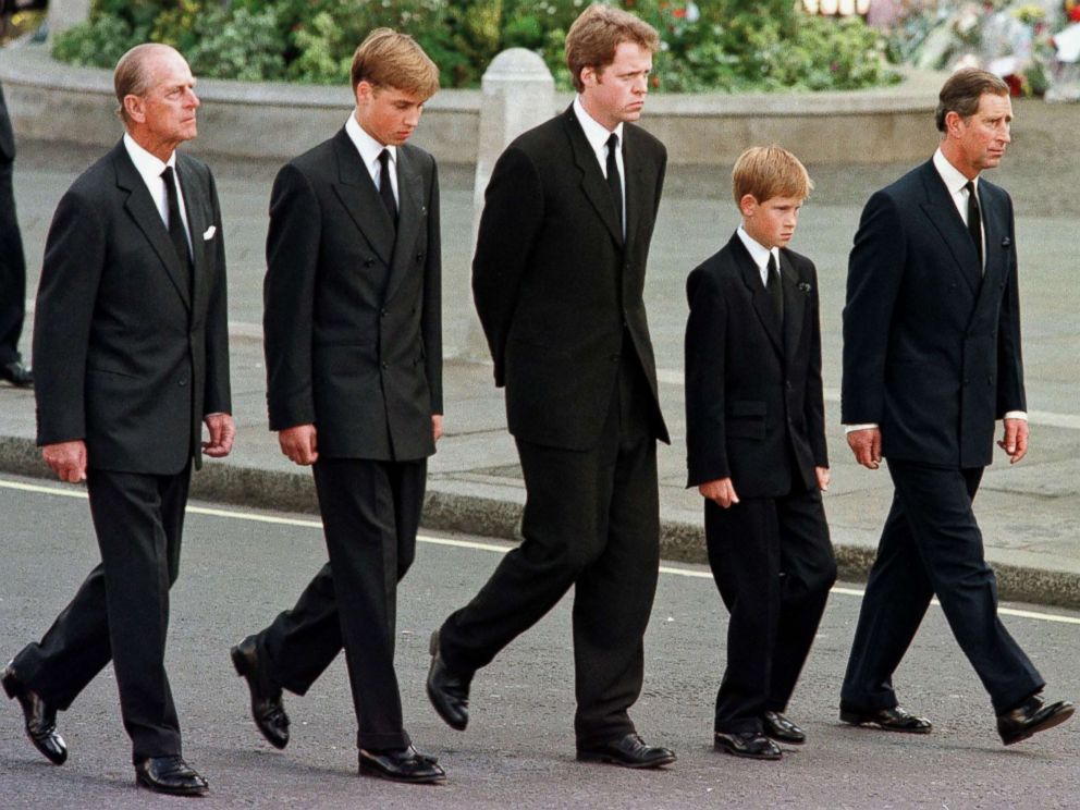 PHOTO: Prince Philip, Duke of Edinburgh, Prince William, Earl Spencer, Prince Harry and Prince Charles, Prince of Wales walk outside Westminster Abbey during the funeral service for Diana, Princess of Wales, Sept. 6, 1997.