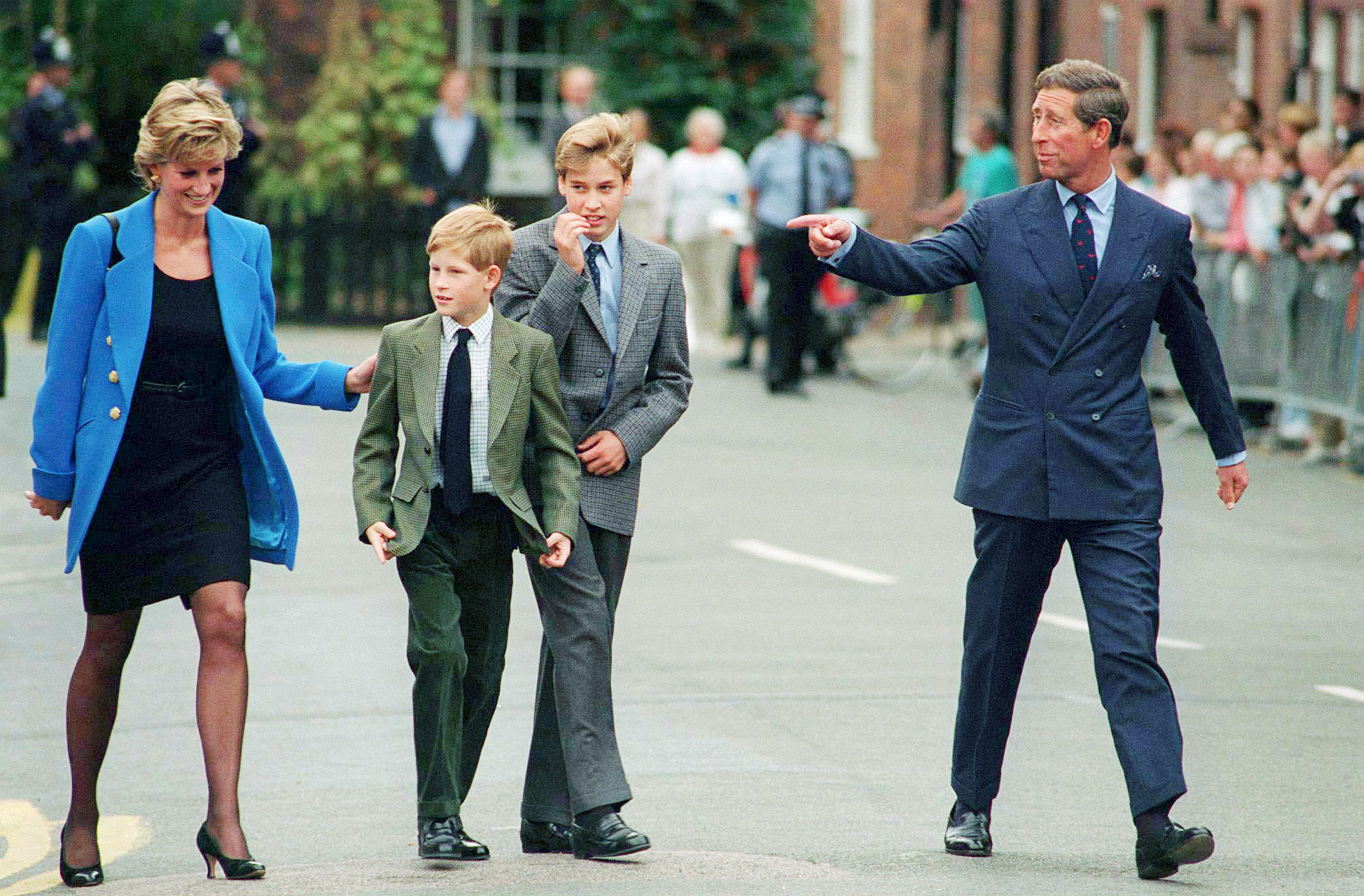 PHOTO: Prince Charles, Prince of Wales, Princess Diana, Princess of Wales, their sons Prince William and Prince Harry arrive at Eton College for William's first day of school, Sept. 1995. 