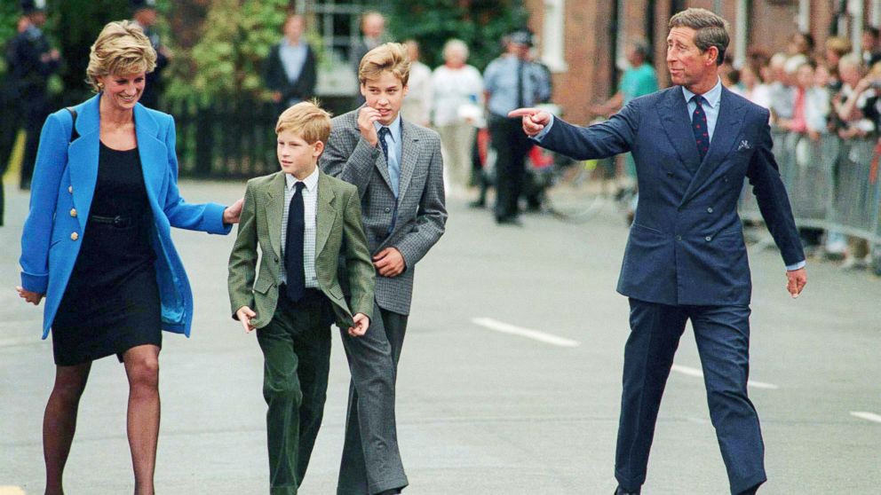 PHOTO: Prince Charles, Prince of Wales, Princess Diana, Princess of Wales, their sons Prince William and Prince Harry arrive at Eton College for William's first day of school, Sept. 1995. 